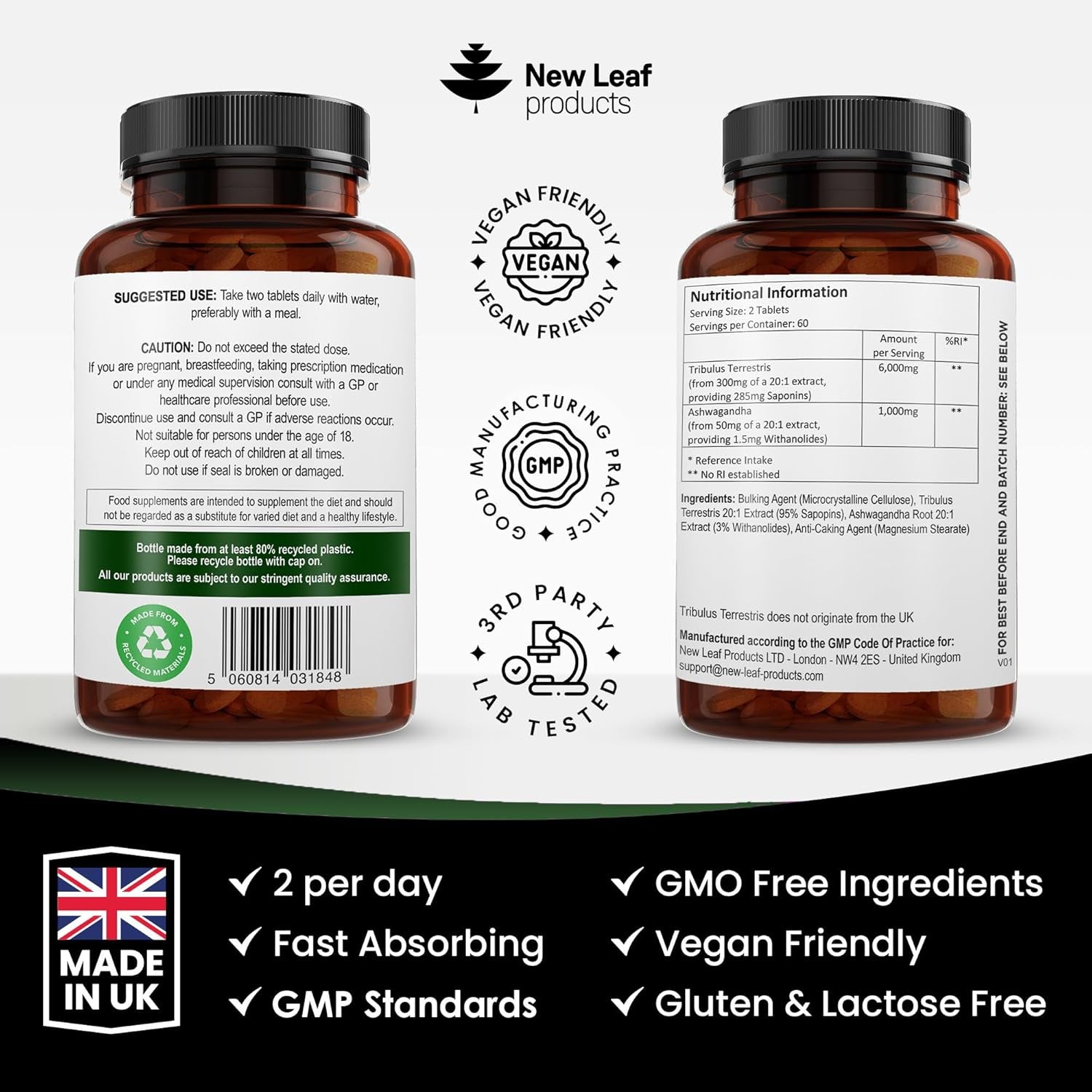 Tribulus Terrestris 6000Mg High Strength Tablets Enriched with Ashwagandha - Tribulus Terrestris with 95% Sapopins - 120 Tribulus Terrestris Tablets Made in the UK by New Leaf