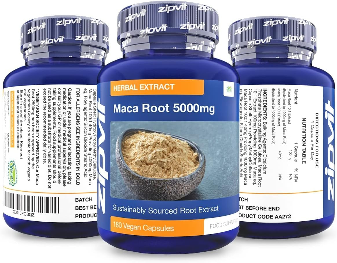 Maca Root Capsules 5000Mg, Black Maca and Yellow Maca Combination High Strength Maca Root Powder Extract. 180 Vegan Capsules, 6 Months Supply. Vegetarian Society Approved.