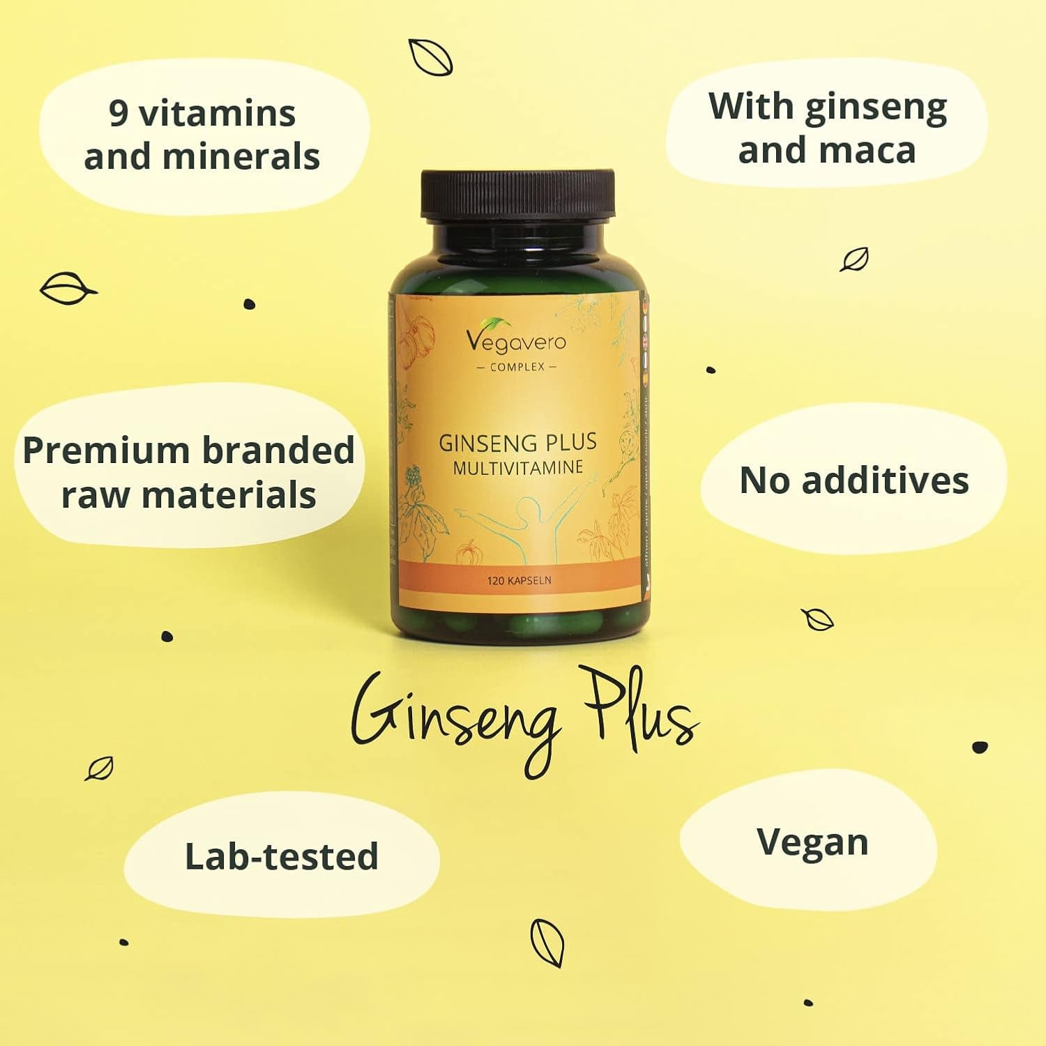 Vegavero Ginseng Complex | Maca Root Ginseng, Vitamins & Minerals | Mental Energy Supplement | NO Additives, Lab-Tested | Caffeine-Free | 120 Capsules | Vegan