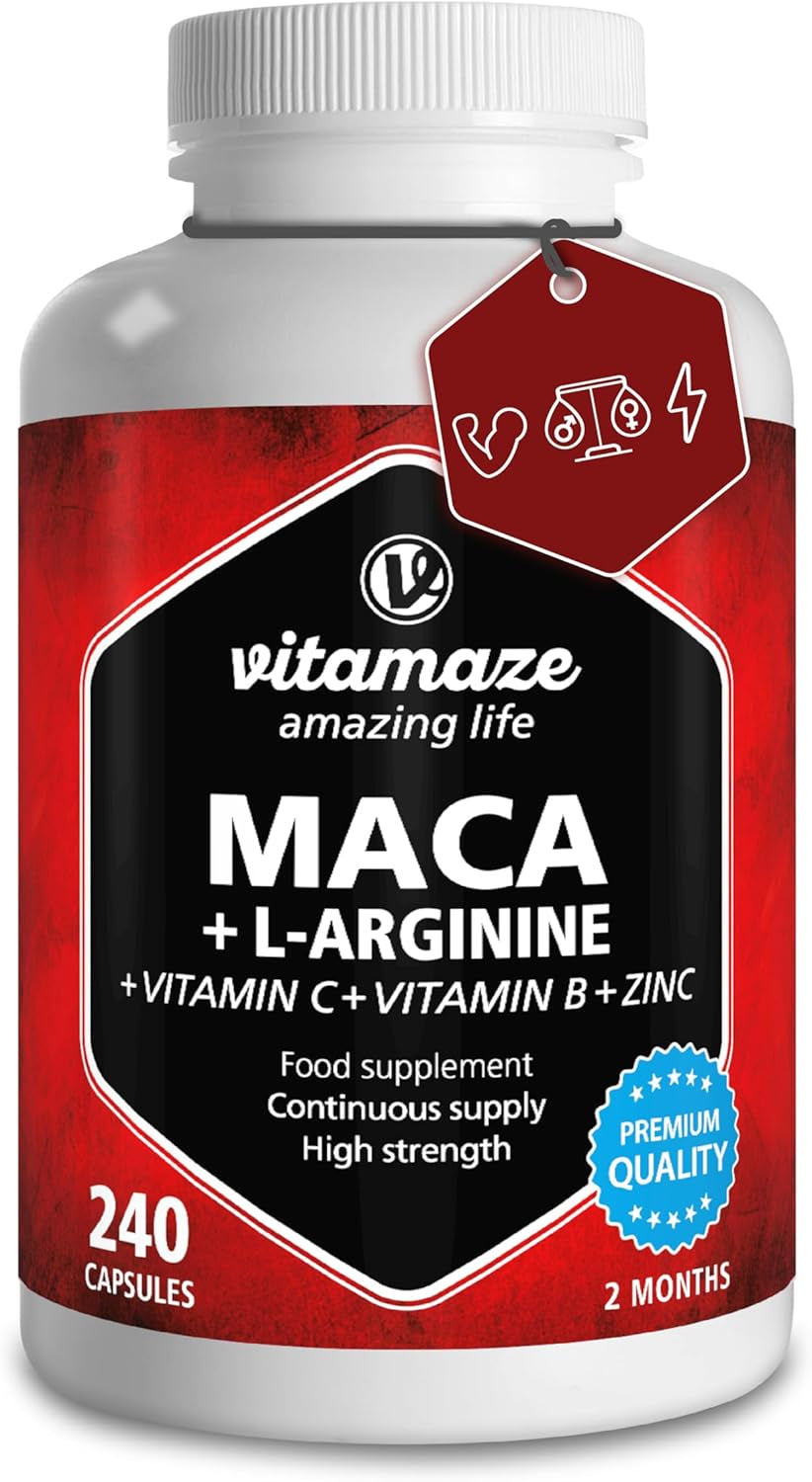 Maca Root Capsules for Women and Men with L-Arginine, B6, B12 and Zinc - Hormonal Balance, Anti-Stress, Energy Booster - 240 Capsules for 2 Months - Organic Supplement, German Quality- Vitamaze