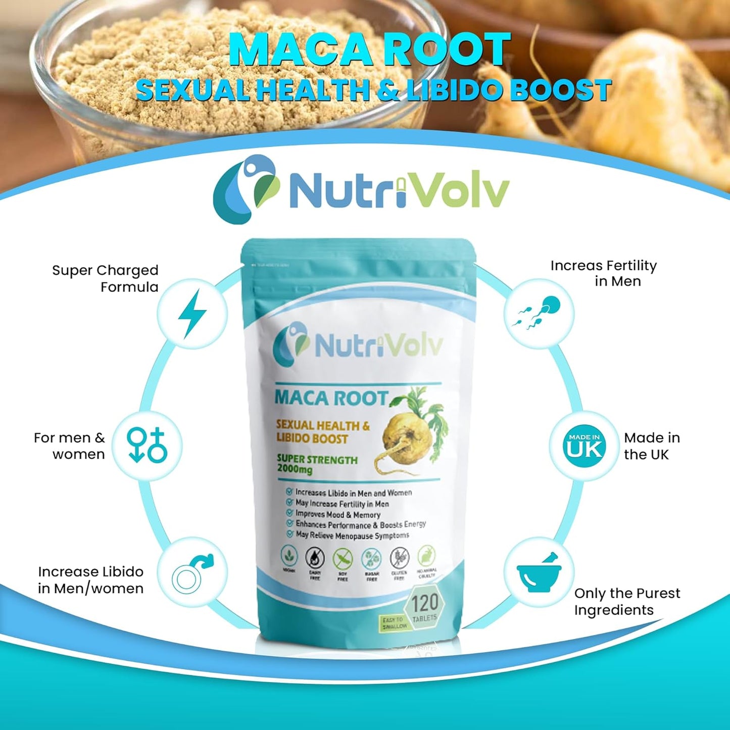 Nutrivolv Maca Root Supplement 2000Mg - High Strength Libido & Sex Drive Booster for Men & Women - Fertility, Energy, & Endurance Support - 120 Tablets