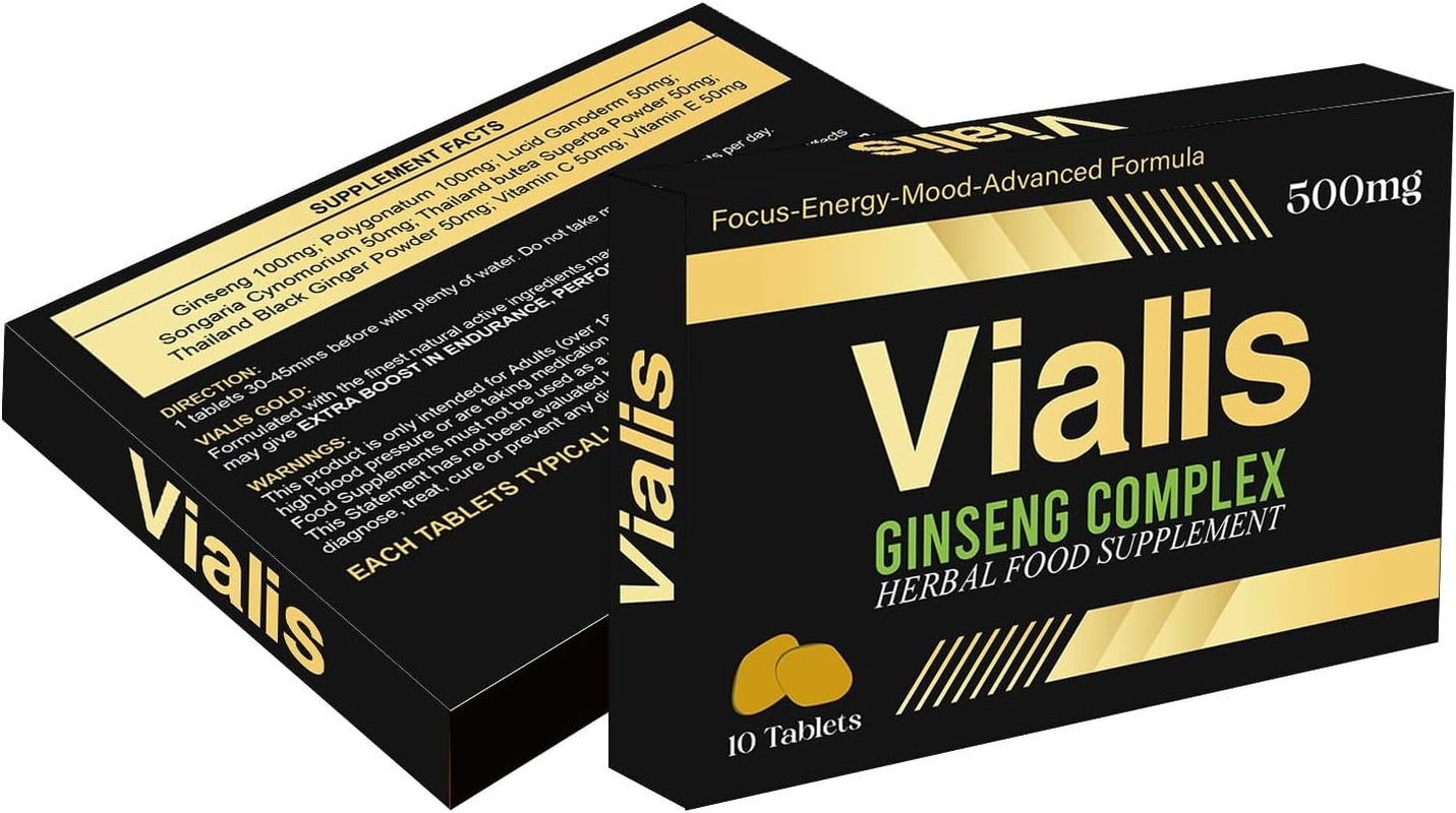 New! Super Extra-Strong VIALIS Gold - Ginseng and Herbal Food Supplement for Men. the Most Effective Natural, Powerful and Fast Acting Food Supplement for Men! - (Pack of 10 Tablets)