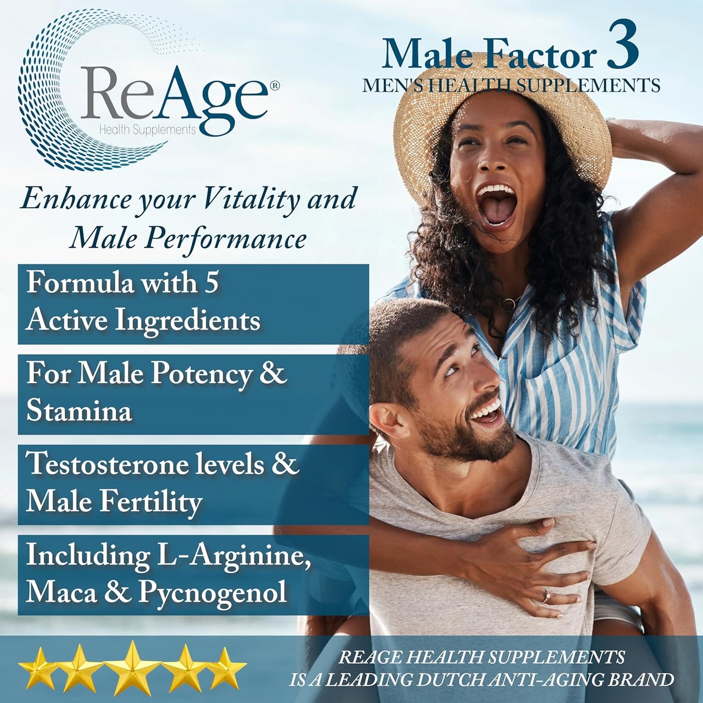 Reage® Male Factor 3 | Maca Root Extract | Formula with Maca, L-Arginine, Pycnogenol, Zinc & Sel | Vitality, Fitness & Stamina | 100% Natural and Premium Ingredients | Vegan | 60 Capsules