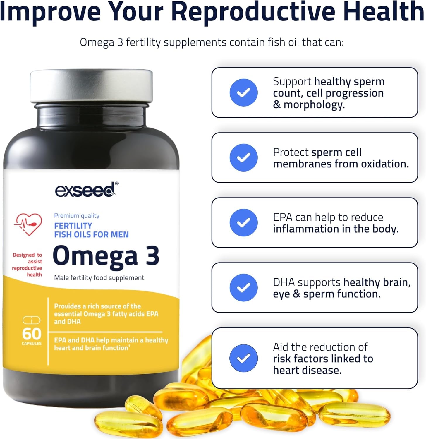 Exseed Health Omega 3 Fish Oil Capsules - High Strength Supplements for Men'S Health and Male Fertility - 60 Capsules Mens Fertility Supplement - with EPA & DHA