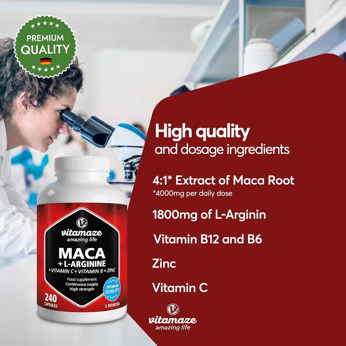 Maca Root Capsules for Women and Men with L-Arginine, B6, B12 and Zinc - Hormonal Balance, Anti-Stress, Energy Booster - 240 Capsules for 2 Months - Organic Supplement, German Quality- Vitamaze