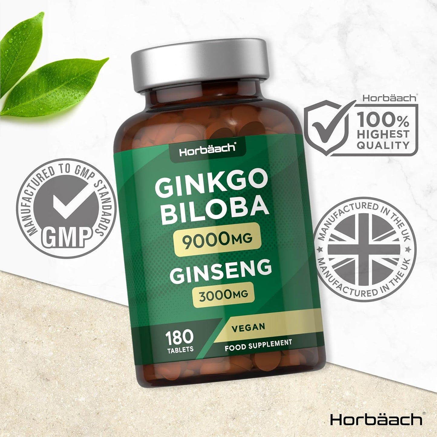 Ginkgo Biloba and Ginseng Tablets | High Strength | Ginkgo 9000Mg & Korean Ginseng Root 3000Mg | 180 Vegan Tablets | by Horbaach