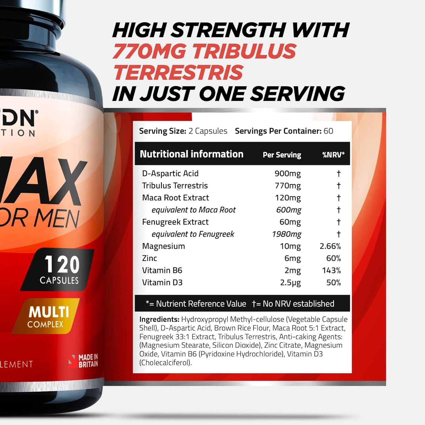 T-MAX for Men - 120 T-Booster Capsules - UK Formulated Premium Supplement - Ingredients Contribute to Normal Testosterone Levels & Reduction in Fatigue - Multi-Complex Formula