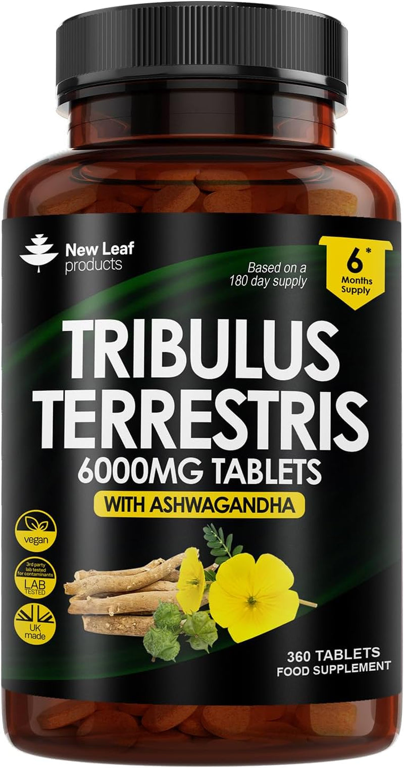 Tribulus Terrestris 6000Mg High Strength Tablets Enriched with Ashwagandha - Tribulus Terrestris with 95% Sapopins - 120 Tribulus Terrestris Tablets Made in the UK by New Leaf