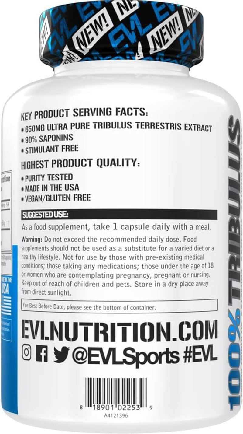 Evlution Nutrition 100% Pure Tribulus Terrestris Extract - Maximum Potency 90% Steroidal Saponins, Testosterone Booster and Estrogen Blocker Support - 60 Capsules