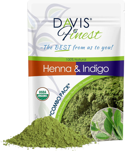 Davis Finest Organic Henna & Indigo Natural Hair Dye 200 G – Combo Pack, 100G Henna + 100G Indigo, Hair Colour Beard Dye, Ppd-Free (Combo Pack 200G (Pack of 2 X 100G))