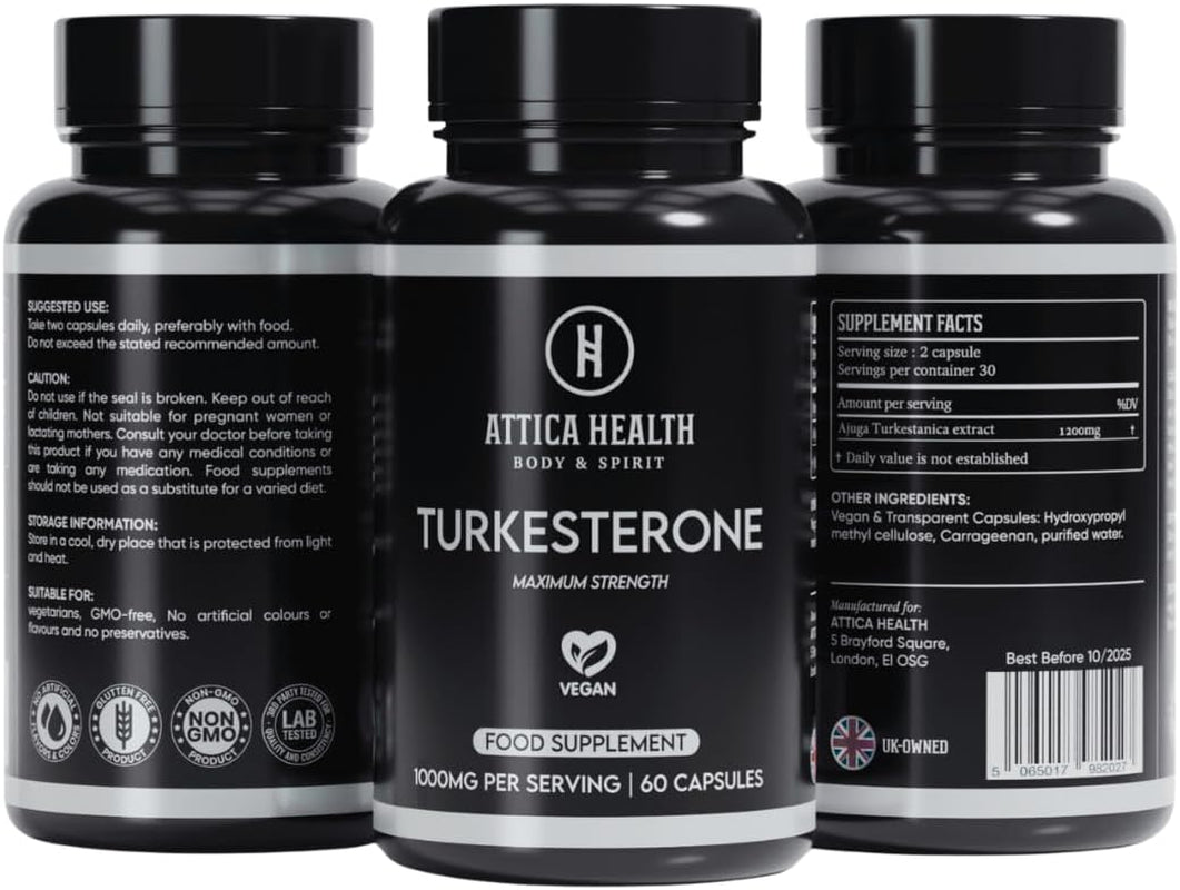 Attica Health Turkesterone 1200Mg Serving 60 Capsules | Maximum Strength 20% | for Muscle Growth, Gym Supplement for Men | 100% Natural