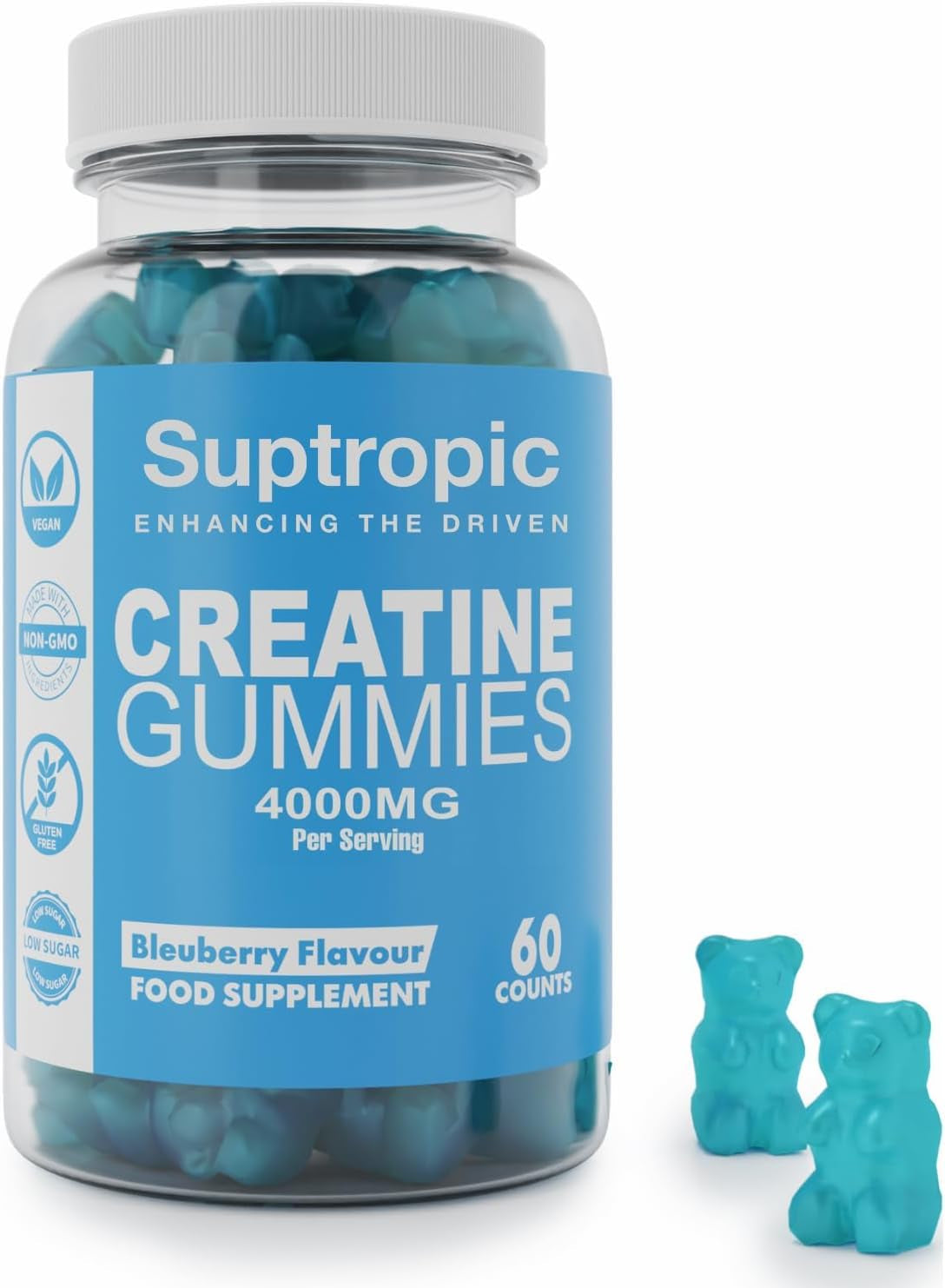 60 Creatine Monohydrate Gummies, 4000Mg, Men & Women - Chewable Creatine Gummies (30+ Days) - Natural Blueberry Flavoured Creatine, Pre Workout Gym Supplement, Suitable for Vegans, by Suptropic