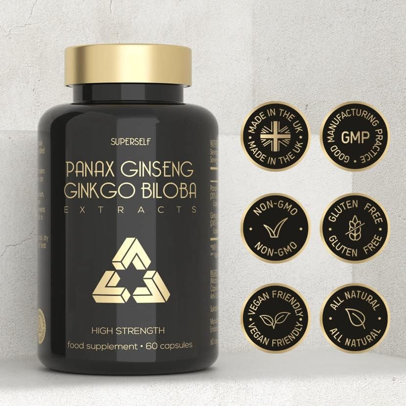 Panax Ginseng Capsules High Strength - 6000Mg Korean Red Ginseng and Ginkgo Biloba - Natural Supplements for Men & Women - Premium Ginseng Root Standardised 20% Ginsenosides - 60 Tablets - UK Made