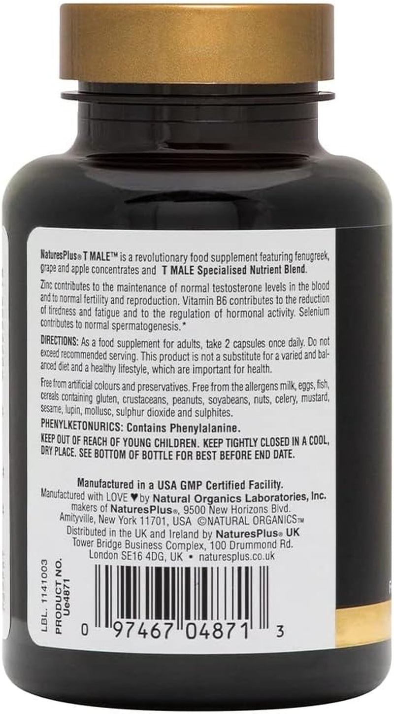 Naturesplus T-Male Capsules - Herbal Complex and Zinc Supplement - Men'S Energy Booster and Stamina - Vegan, Gluten Free - 60 Capsules