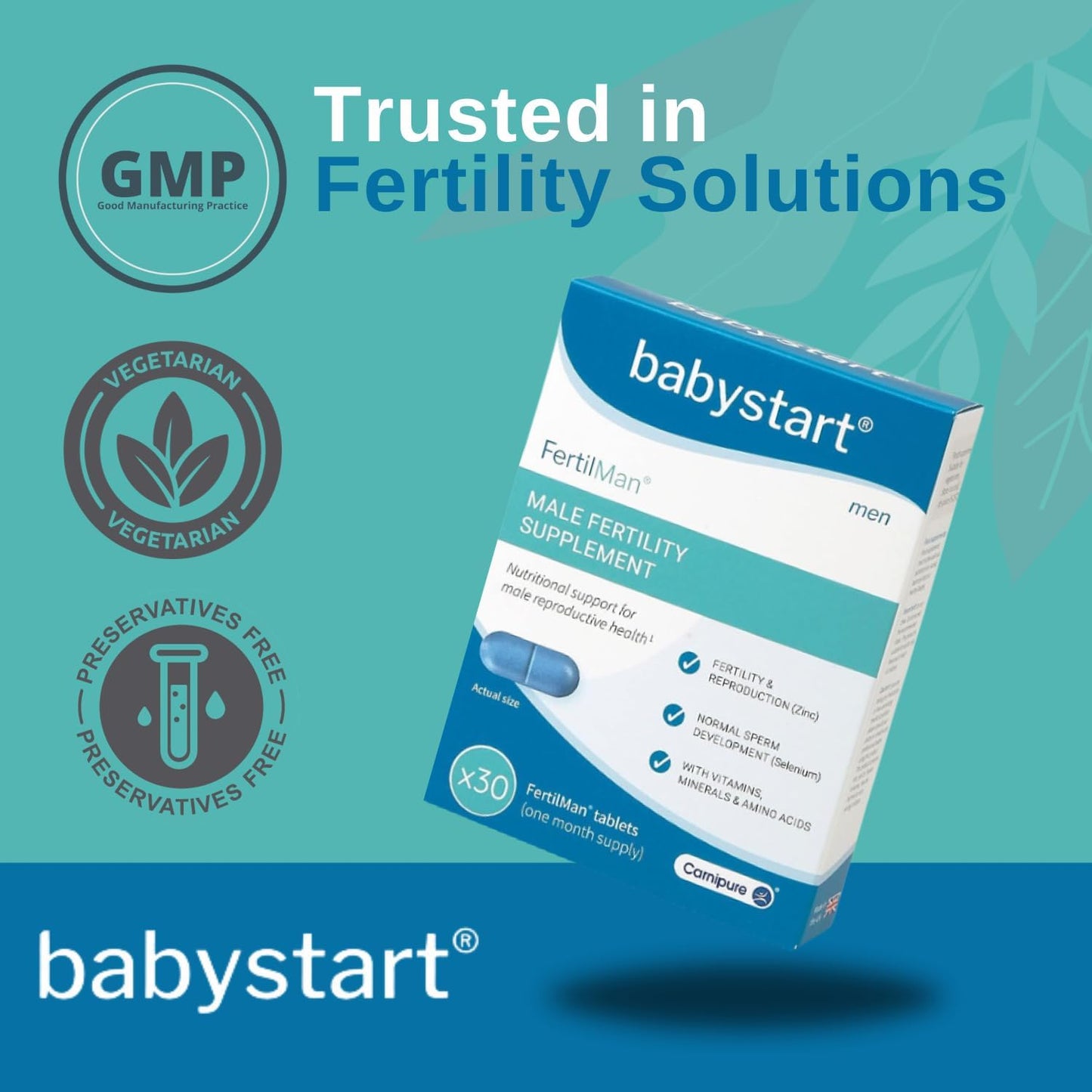 Babystart Fertility Supplements for Men - Fertilman 30 Tablets, 1 Month Supply, Male Fertility Vitamins with Zinc, Folic Acid and Vitamin D for Conception, Immune Support - Mens Health Supplement