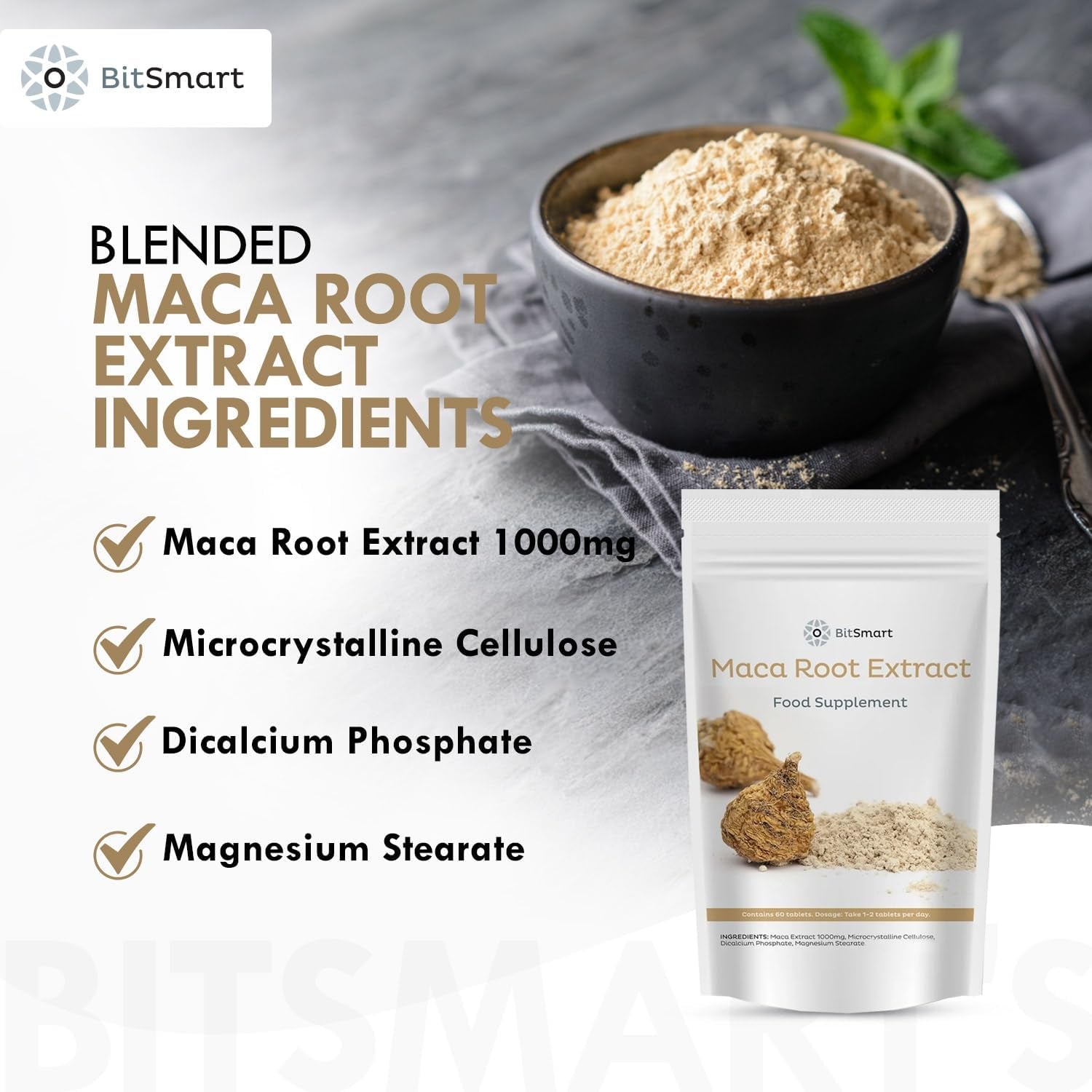 BITSMART Maca Root Extract Superfood Tablets -1000Mg 60 Count - Maca Root for Men and Women - Antioxidant, Energy Booster, Hormone Balance Support and Vegan Friendly