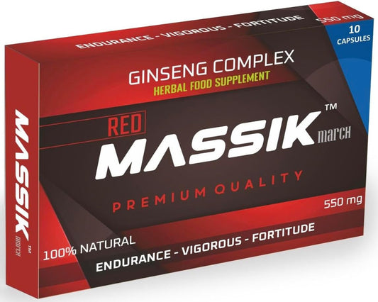 MASSIK MARCH™ - Herbal Supplement for Men, Extra Strength Performance Enhancing Pills, Stamina Endurance Booster, RED Supplement Pills for Men - 10 Ginseng Capsules