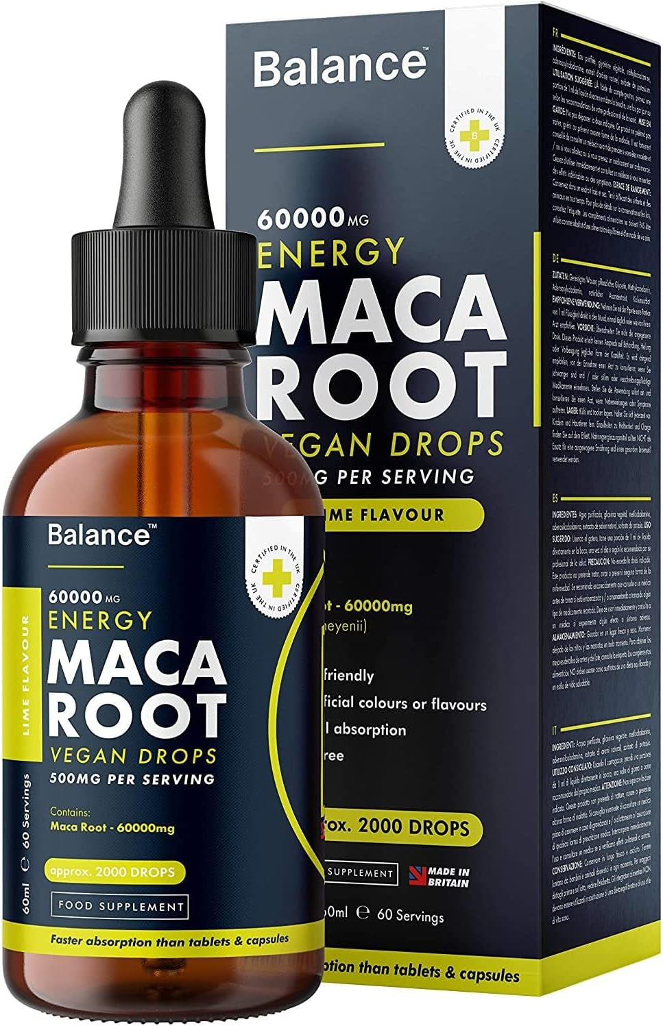 Maca Root Supplement Liquid Drops - High Strength of 60,000Mg per 60Ml Bottle at 4X Concentration - Vegan - 2 Month Supply of Premium Maca Root Extract - 60 Servings - Made in UK by Balance