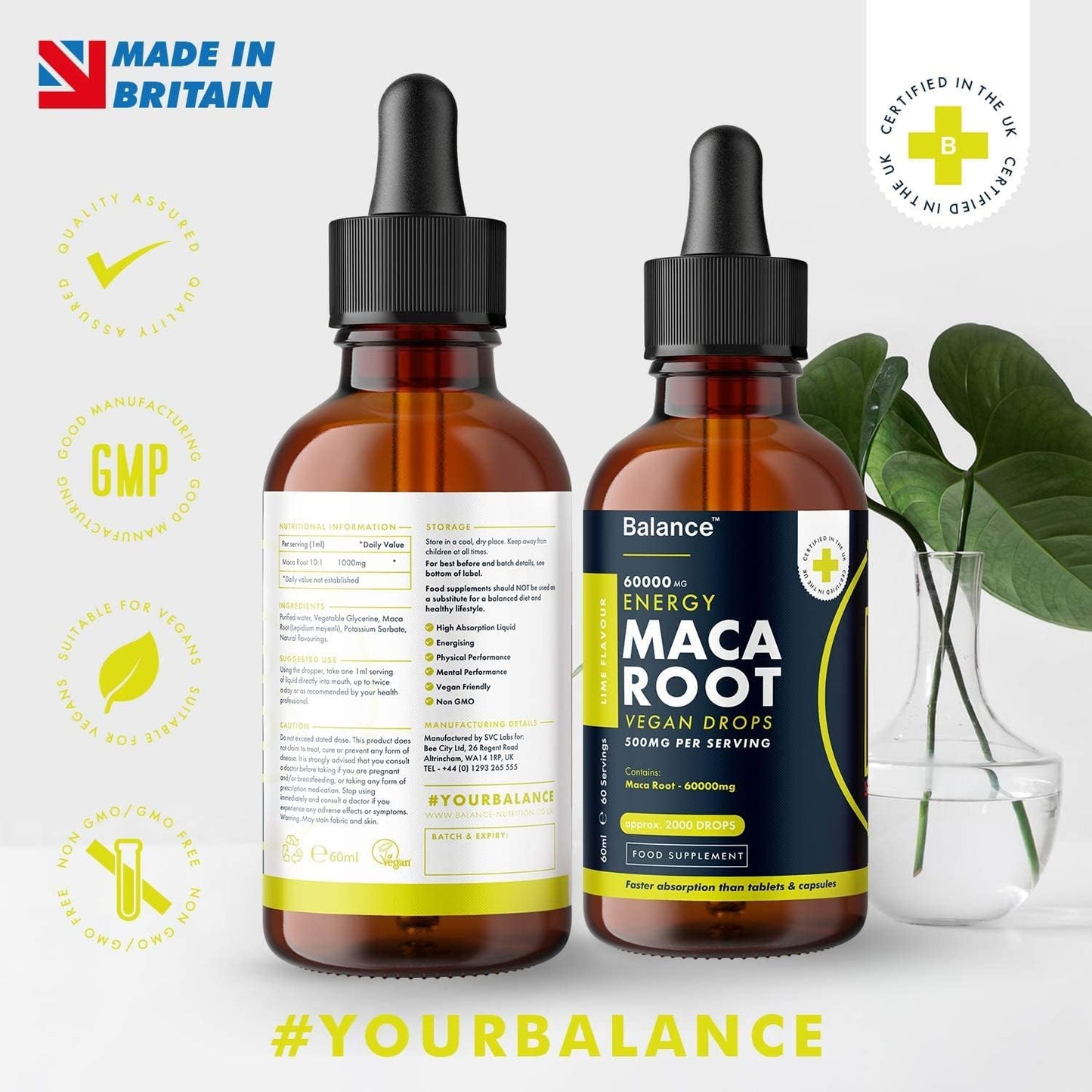 Maca Root Supplement Liquid Drops - High Strength of 60,000Mg per 60Ml Bottle at 4X Concentration - Vegan - 2 Month Supply of Premium Maca Root Extract - 60 Servings - Made in UK by Balance