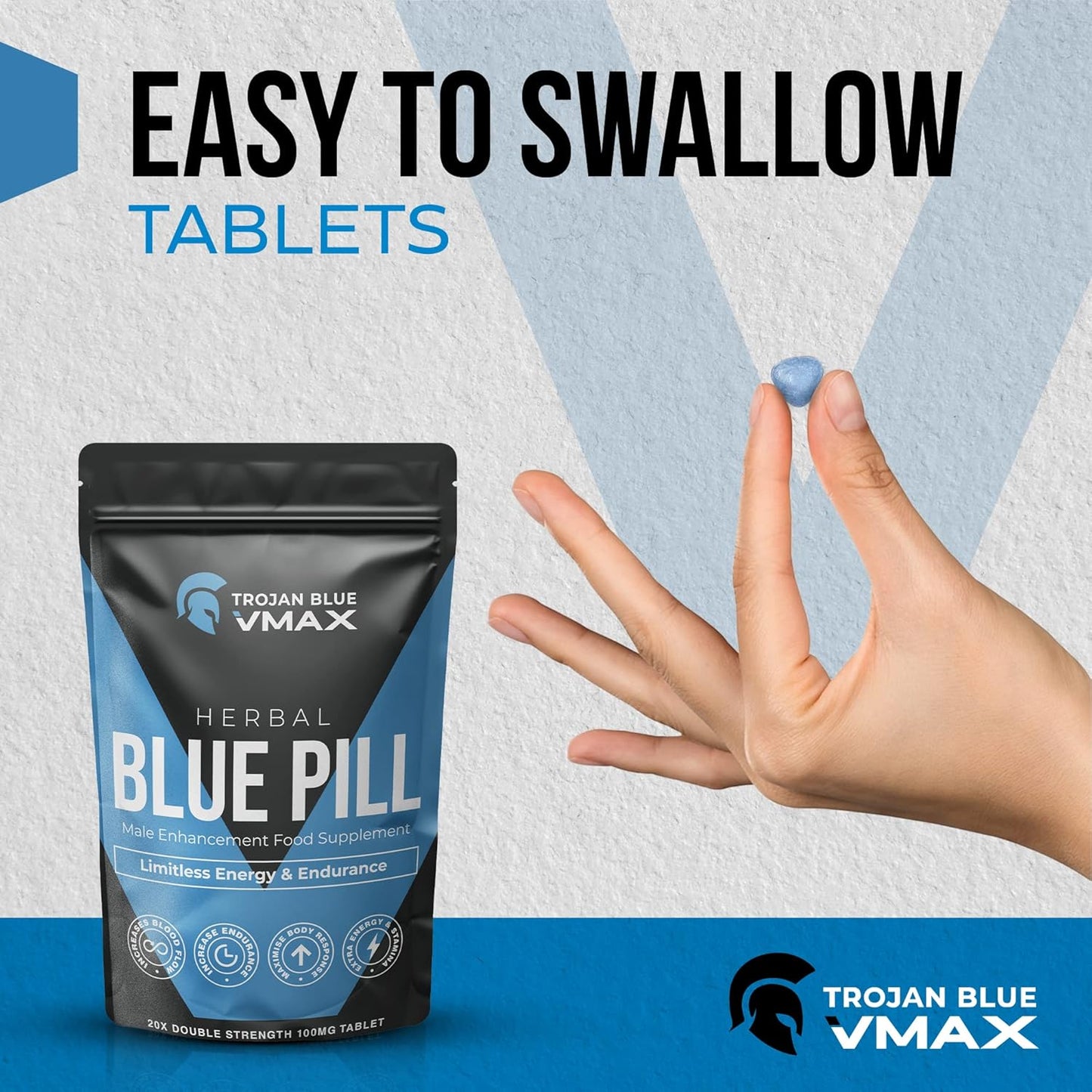 20X Trojan Blue Vmax | Herbal Supplement Blue Pills for Men | High Strength Performance Powerful Fast Acting Long Lasting Results | Enhancing Male Stamina & Endurance Booster Tablets