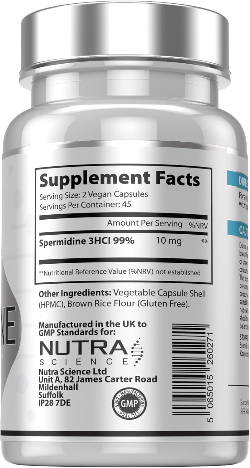 Spermidine 99% Concentration | 100X More Potent than Wheat Germ Spermidine Supplements | 90 Vegan Spermidine Capsules 10Mg Serving Highest Purity in the UK