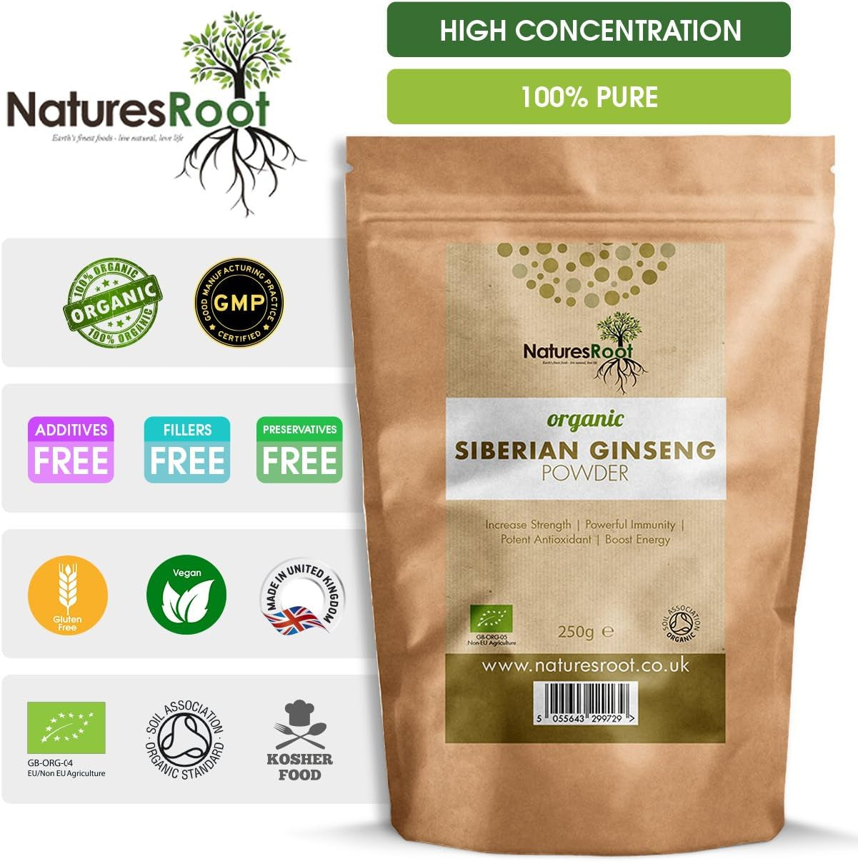 Natures Root Organic Siberian Ginseng Powder 250G - Boost Stamina & Immunity | Vegan | Non GMO | Raw