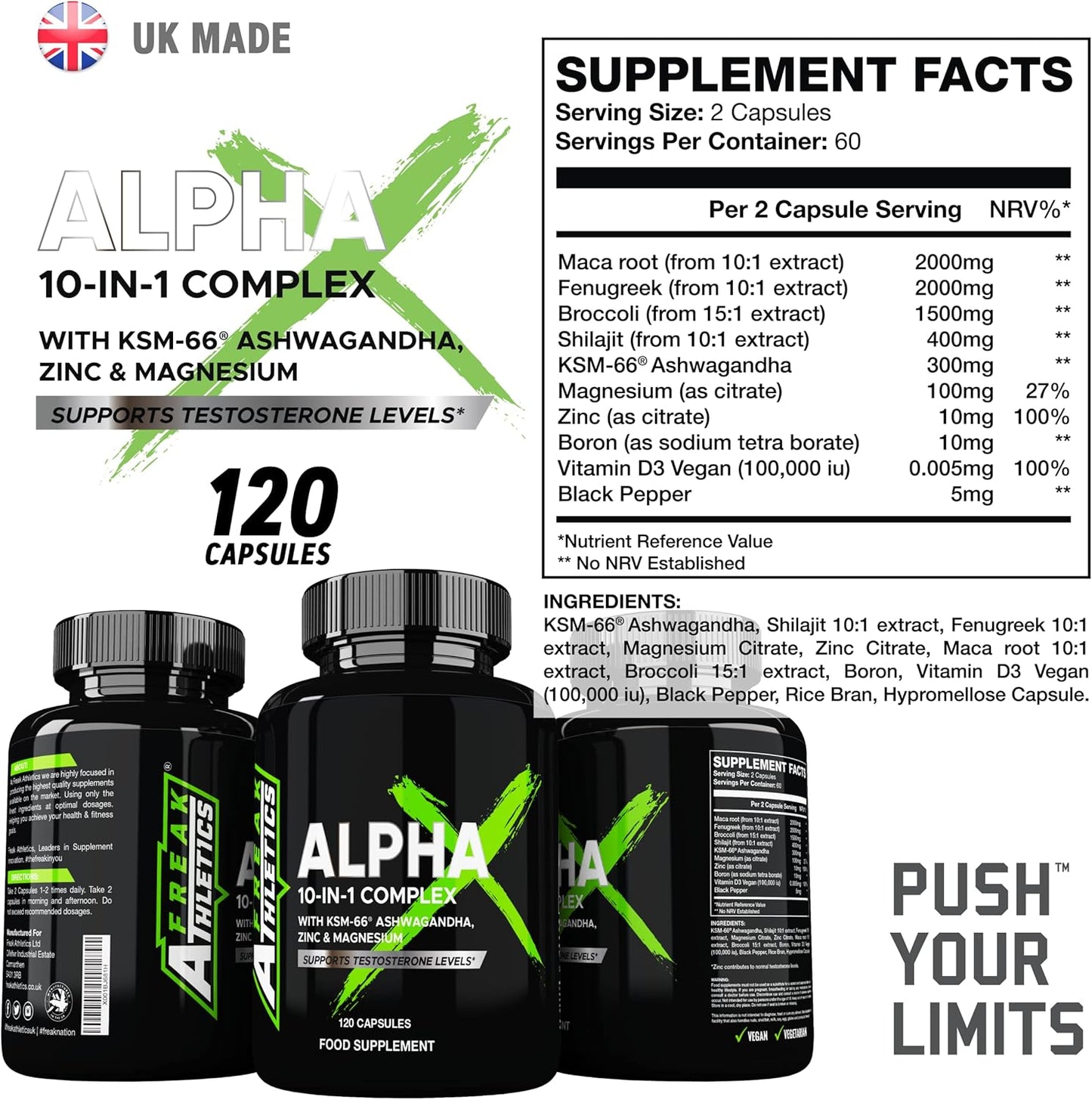 Alpha X Testosterone Supplements for Men - Testosterone Booster for Men 120 Capsules - 10 Powerful Ingredients & Vitamins Including KSM-66 Ashwagandha, Zinc, Maca Root Extract - Made in the UK