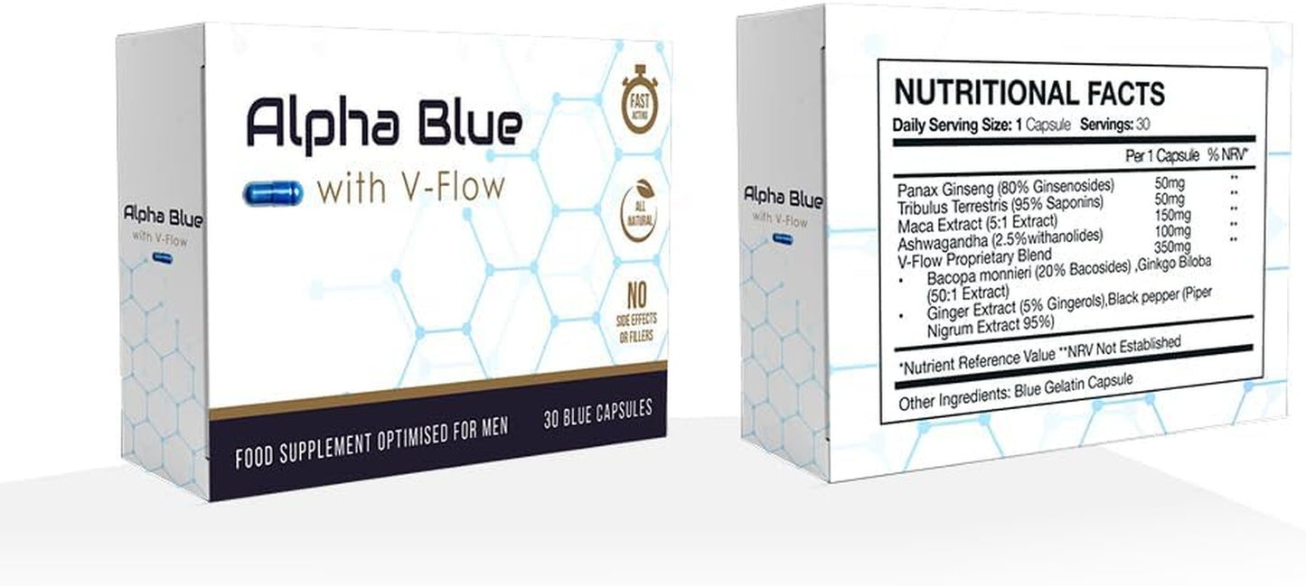 Alpha Blue with V Flow | Optimised for Men | 30 Capsules | Fast Acting | All Natural | No Side Effects or Fillers | Ginseng | Ashwagandha | Maca | Ginger | V Pill