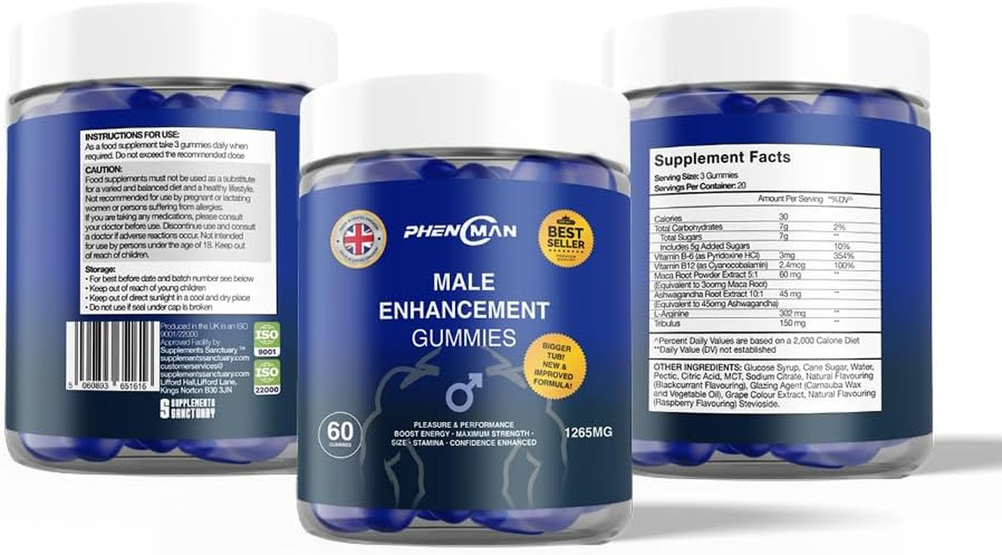 Phenoman Male Extreme Gummies, 1265Mg per Serving, with Maca, Vitamin B6, B12, Ashwagandha, L-Arginine, Tribulus Terrestris, 60 Gummies, Phenomenon Gummies