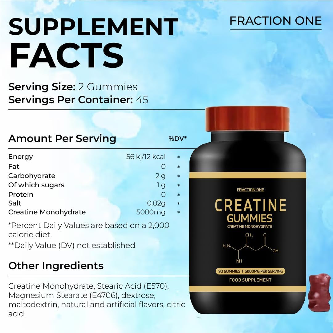 Fraction One Creatine Gummies 5000Mg 90 Gummies 45 Days Supply Creatine Monohydrate Gummies - Berry Flavoured Creatine - Pre Workout Gym Supplement for Men & Women - Vegan Chews Chewable Max Strength