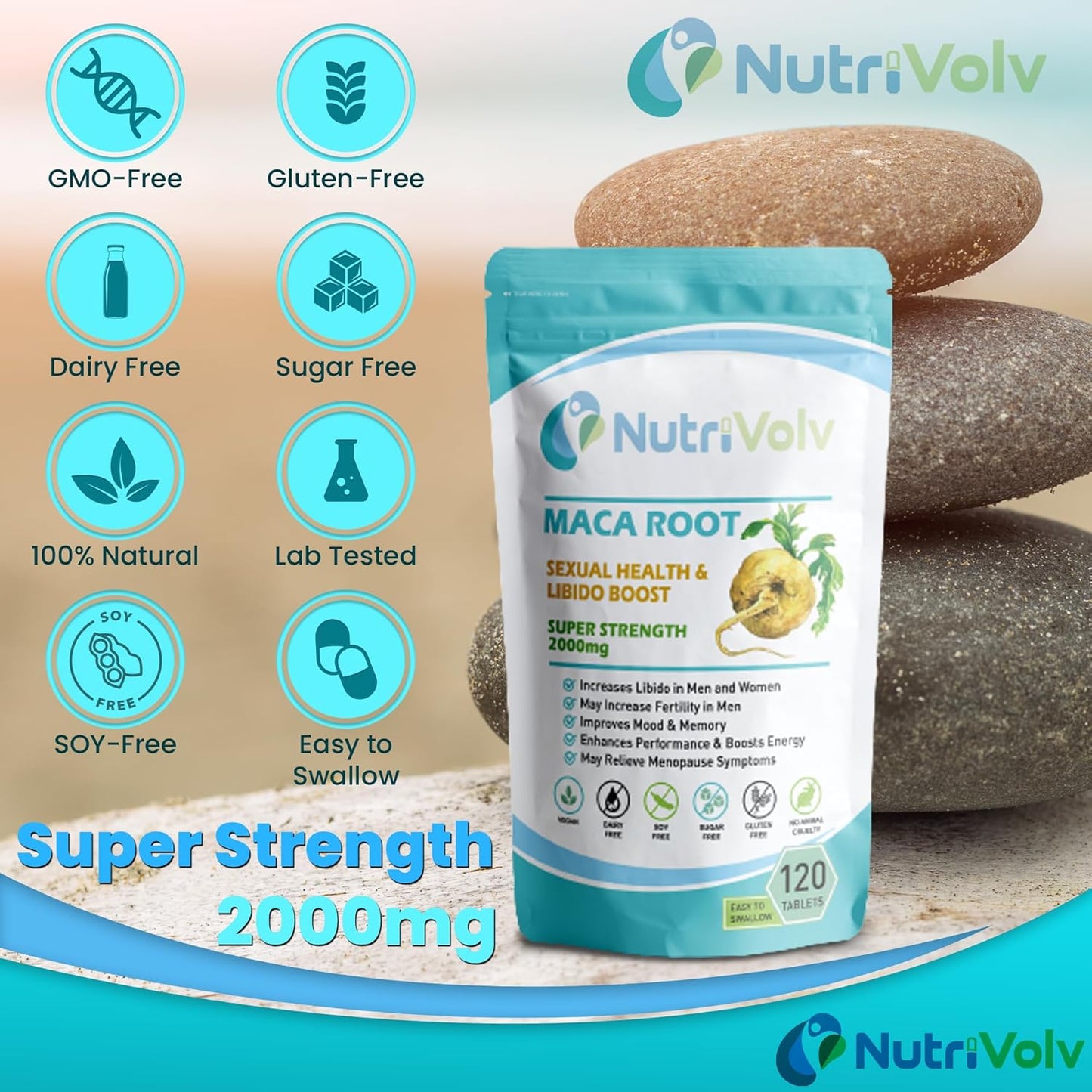 Nutrivolv Maca Root Supplement 2000Mg - High Strength Libido & Sex Drive Booster for Men & Women - Fertility, Energy, & Endurance Support - 120 Tablets