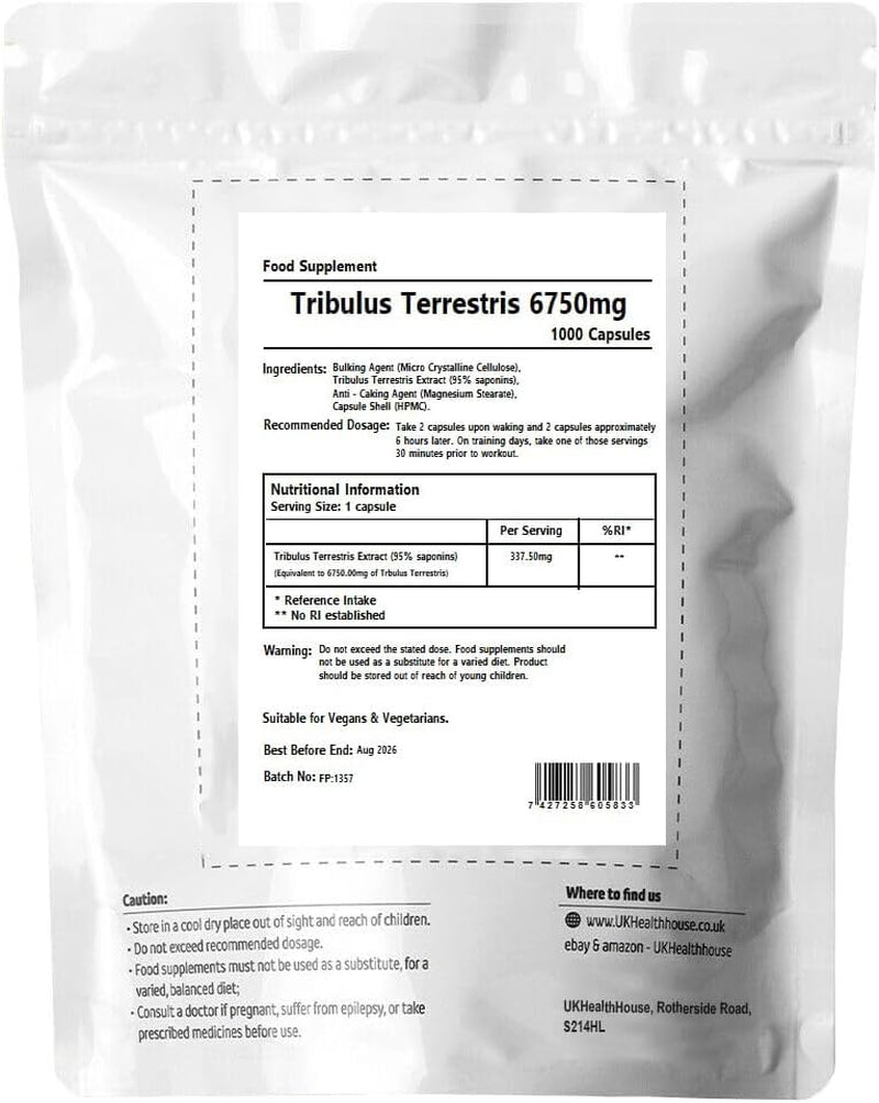 Ukhealthhouse Extreme Testosterone Booster Tribulus Terrestris 6750Mg X 1000 Capsules, High Strength 95% Saponins Testosterone Supplement for Men