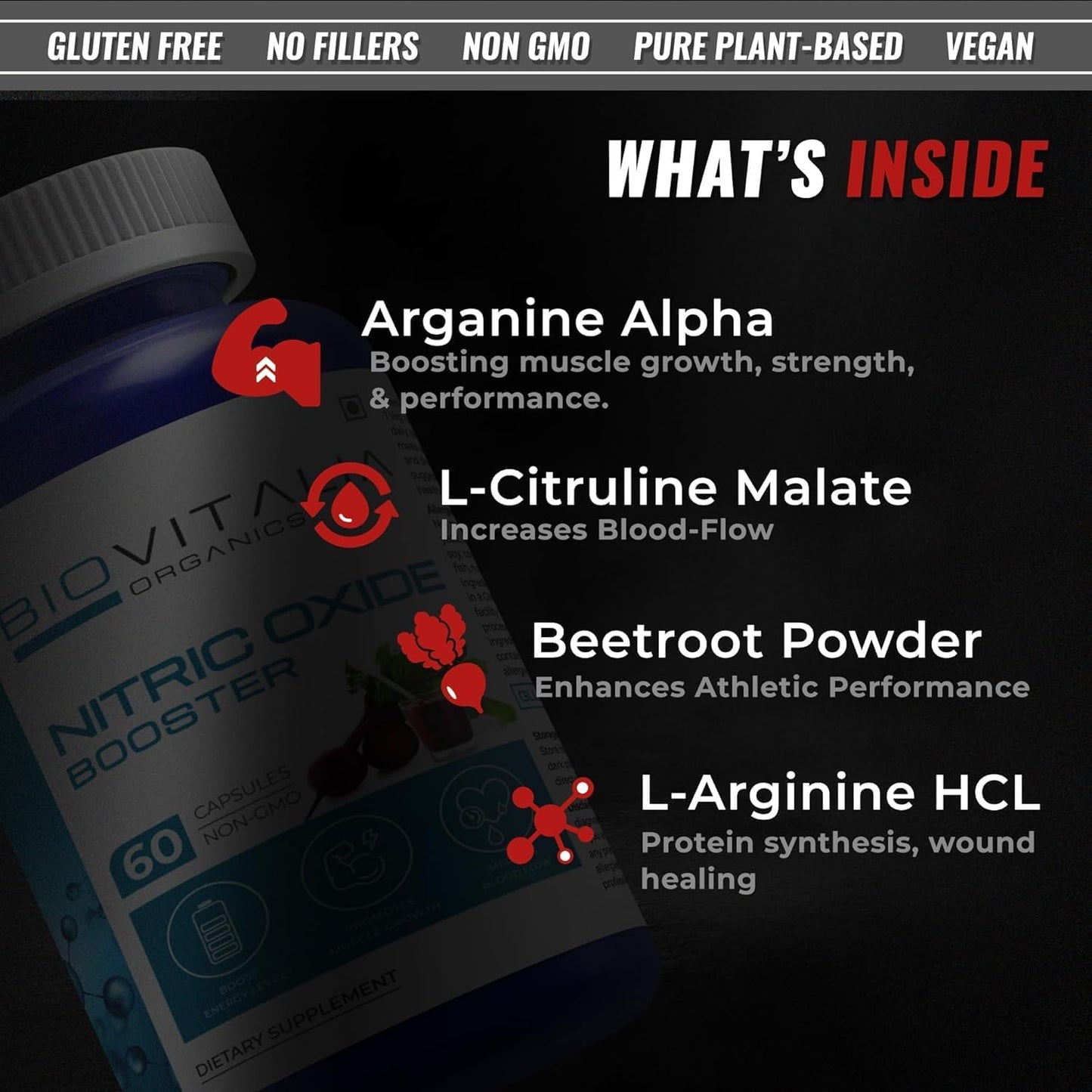 Nitric Oxide Booster Capsule L-Arginine Capsule Beetroot Supplement for Men & Women | Promote Blood Flow & Pre Workout Muscle Pump for Bodybuilding - 60 Vegan Capsules