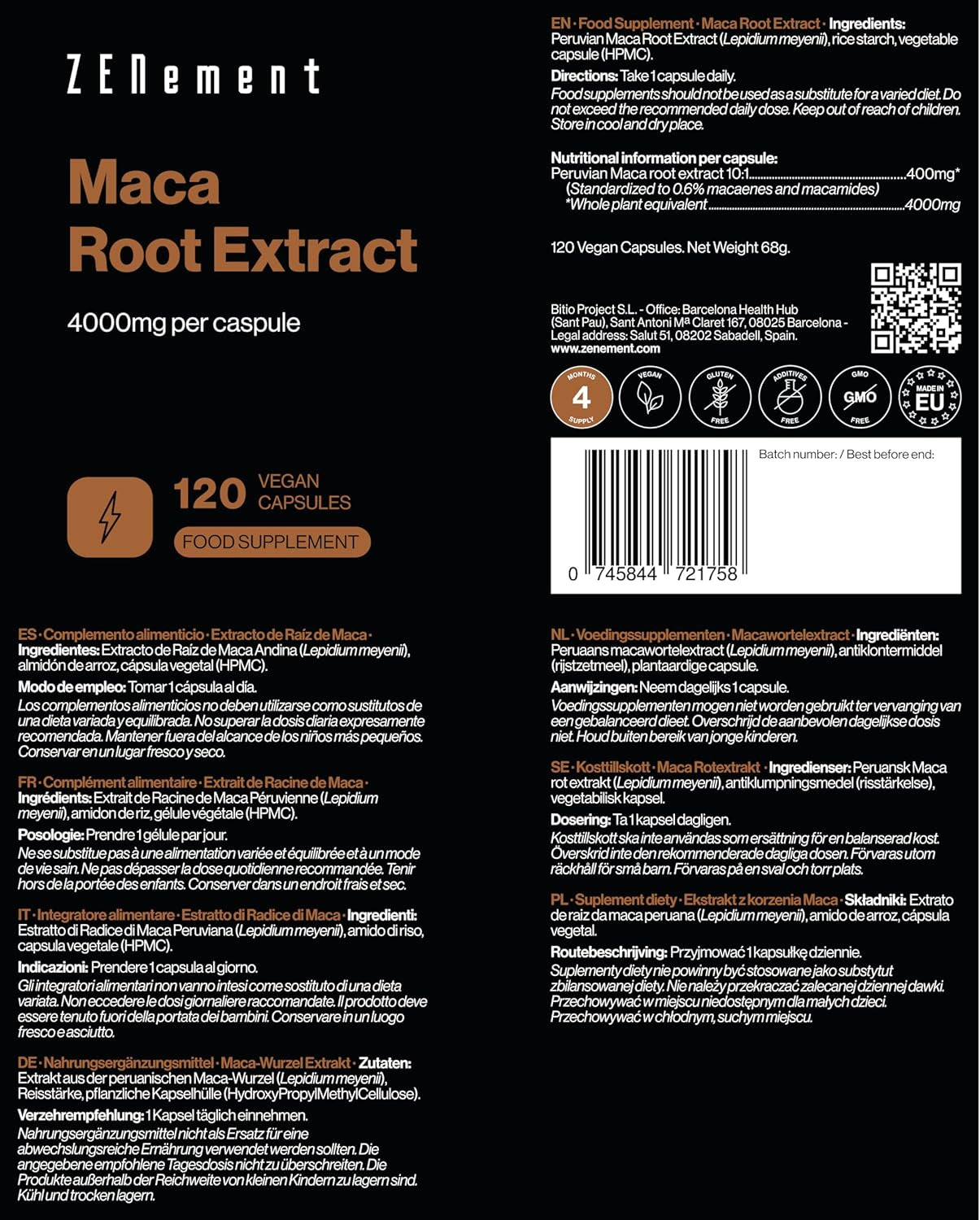 Maca Root Capsules 4000Mg, High Strength Peruvian Yellow Maca Root for Men and Women | 120 Vegan Capsules (4 Months Supply) | Zenement