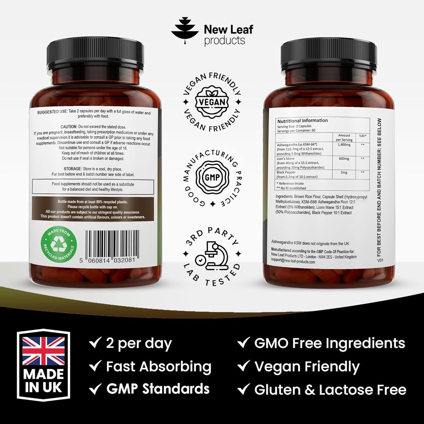 Ashwagandha KSM-66 and Lions Mane Capsules - High Strength 2000Mg KSM-66 Ashwaghandha Root Extract and Lions Mane Mushroom Extract - 120 Vegan Capsules with Black Pepper - UK Made by New Leaf