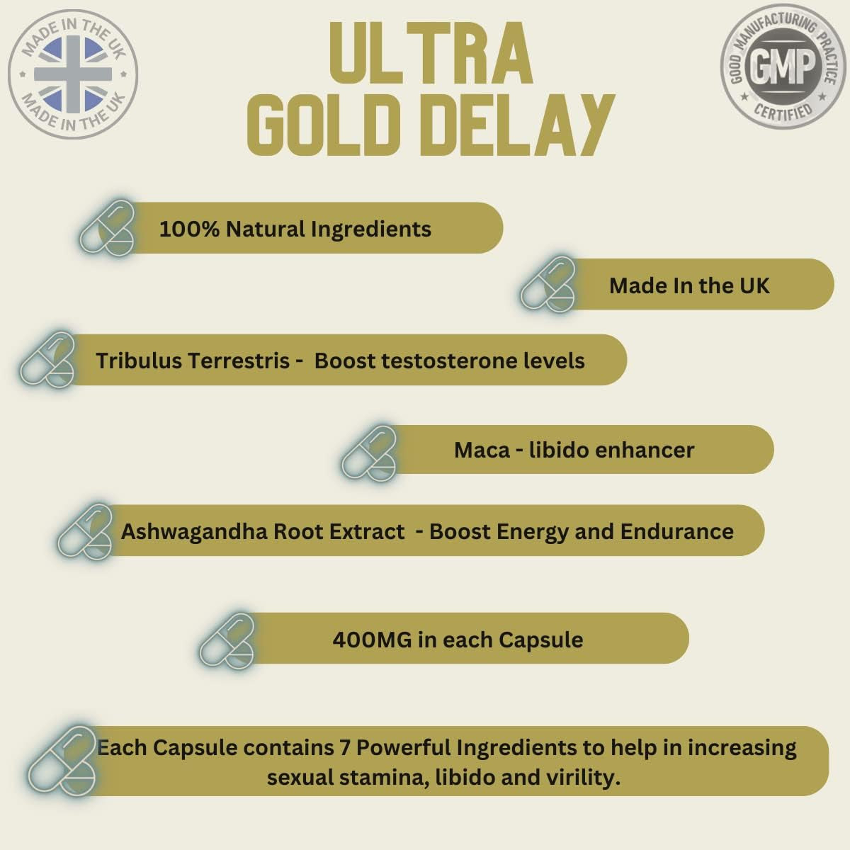 6 X Ultra Gold High Strength Capsules with Delay, 100% Herbal Sexual Support Supplement for Men! Stamina, Libido, Endurance & Sex Drive Support, Contains Maca, Ginseng & More