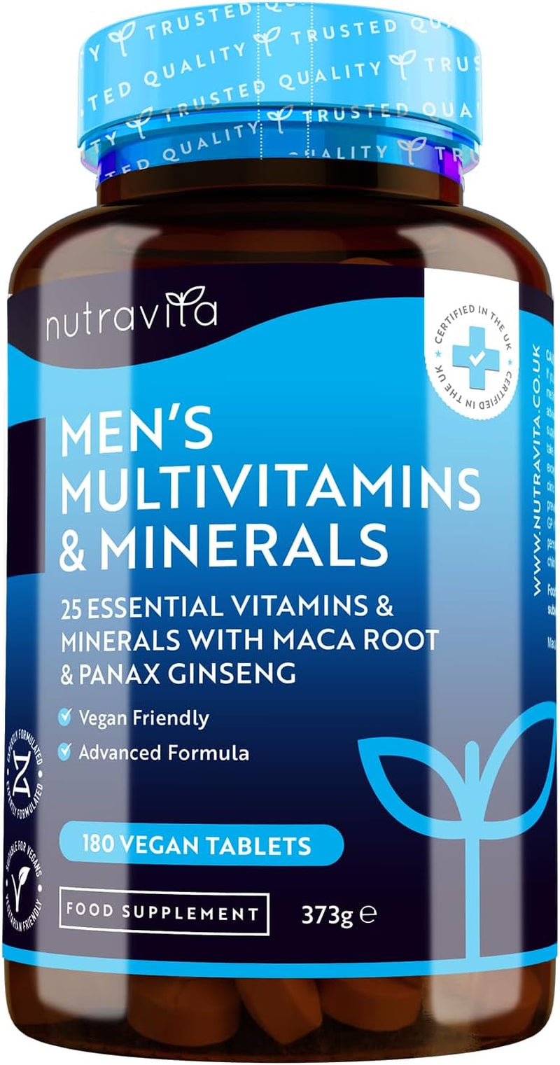 Men'S Multivitamins and Minerals - 25 Essential Active Vitamins and Minerals with Added Maca Root and Panax Ginseng - 180 Vegan Tablets - Made in the UK by Nutravita