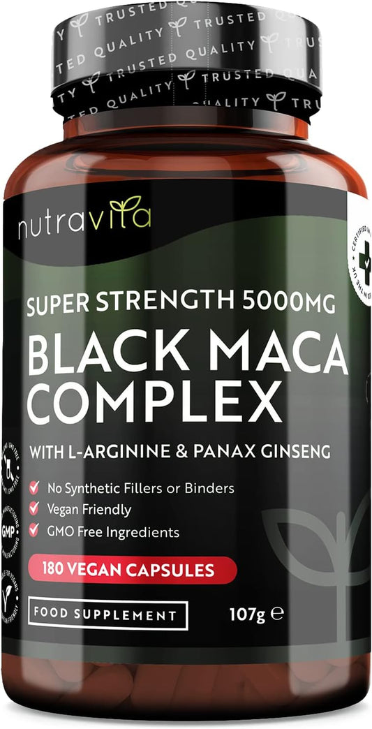 Maca Root Capsules 5000Mg (High Strength) – 180 Vegan Black (6 Month Supply) Not Tablets 100% Peruvian with L-Arginine, Panax Ginseng & Pepper Made in UK by Nutravita