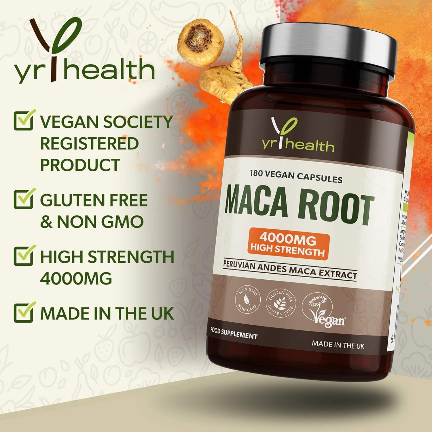 Maca Root Capsules 4000Mg, 180 Vegan High Strength Peruvian Black Maca Extract Capsules, Natural Booster, Sexual Health Supplement for Men and Women - Made in the UK by Yrhealth