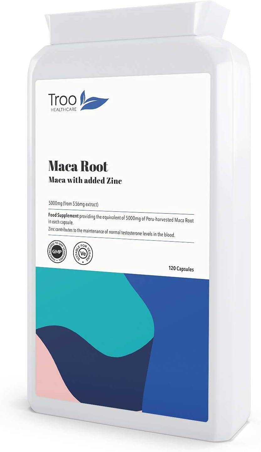 Maca Root 5000Mg with Zinc 120 Vegan Capsules - Peruvian Maca for Men & Women - Testosterone Balance and Fertility Support - Cognitive & Immune Function - 4 Months Supply