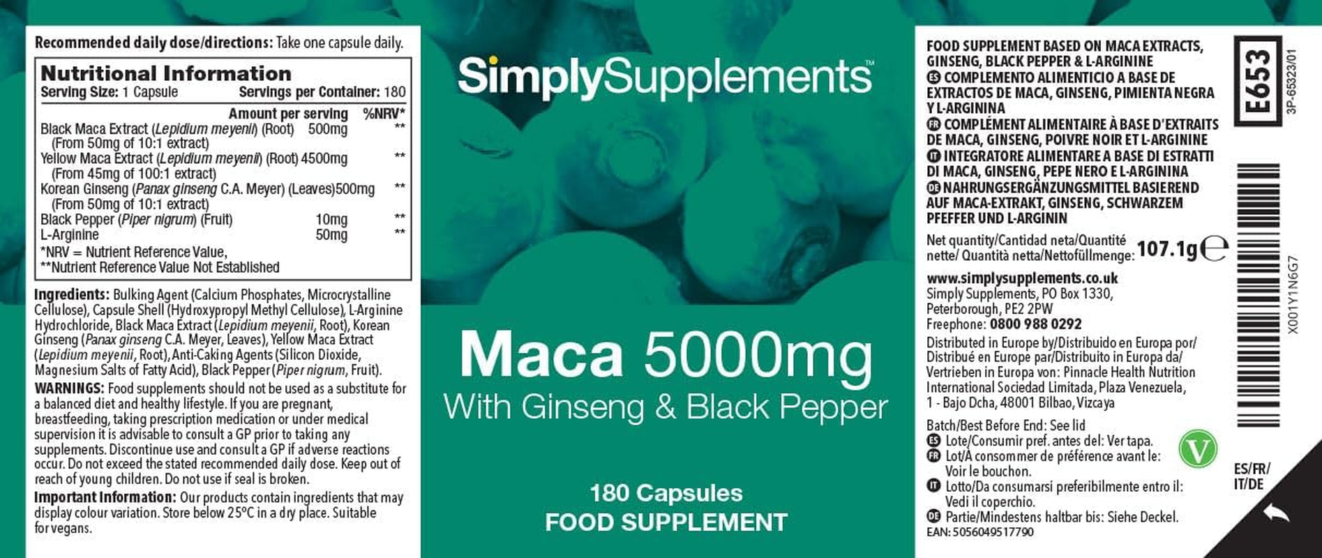 Maca Root 5000Mg | with Added Ginseng & Black Pepper | 180 Capsules | Made & Tested in the UK