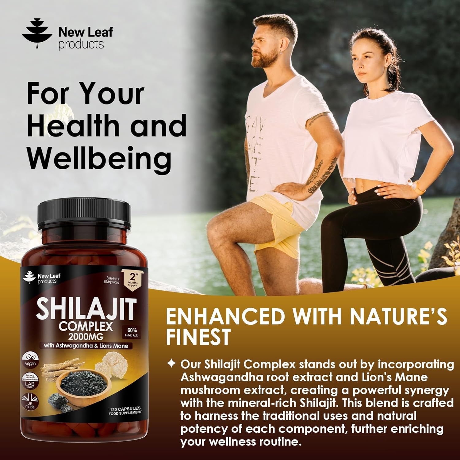 Shilajit Complex - Himilayan Shilajit Enriched with Ashwagandha & Lions Mane, High Strength 2000Mg Shilajit Complex Capsules with 60% Fulvic Acid - 2 Months Supply Made in the UK by New Leaf