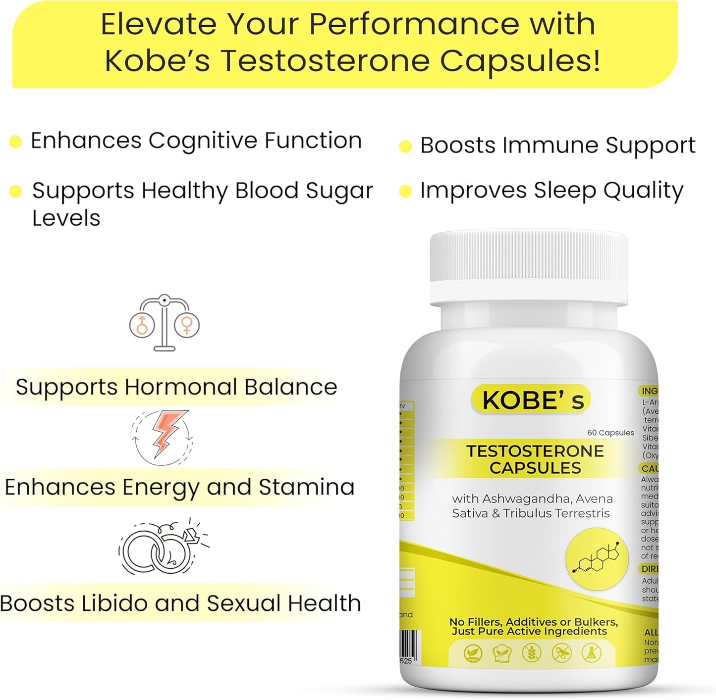 Testosterone Supplements for Men | No Fillers, Additives or Bulkers, Pure Active Ingredients | Testosterone Booster Capsules with Avena Sativa and Tribulus Terrestris | 60 Cap | Made in UK