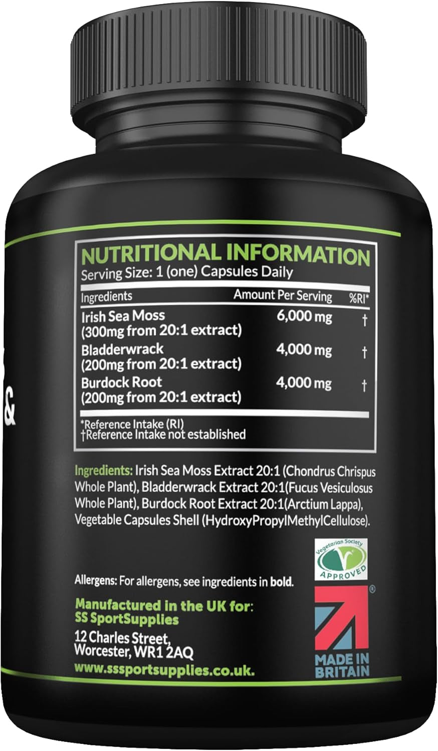 Sea Moss Complex 14,000Mg Extract Including Bladderwrack & Burdock Root - 120 High Strength Capsules Providing 120 Day Supply - North Atlantic Irish Sea Moss Supplement - Vegan & UK Made