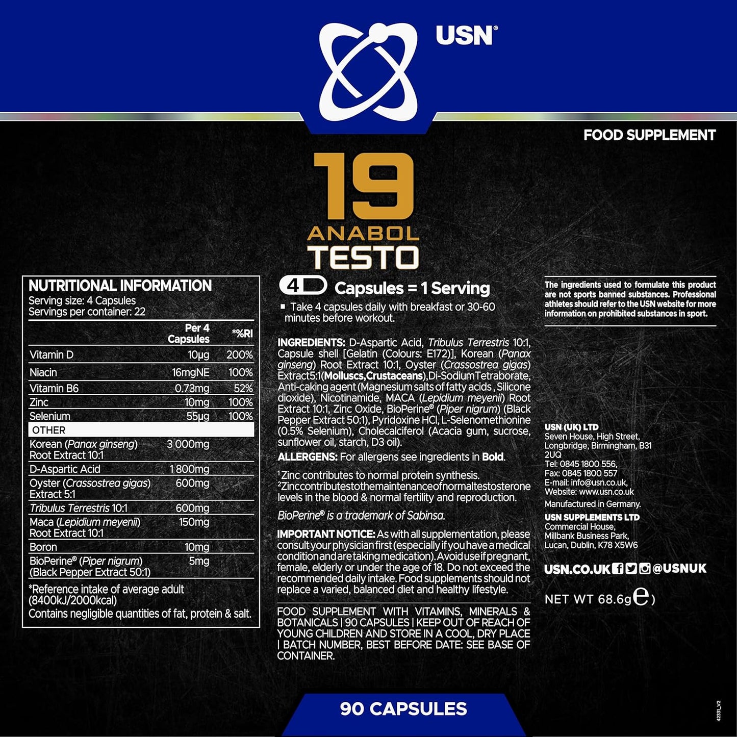 USN 19-Anabol Testo, Testosterone Supplements for Men - 90 Capsules, Boosts Strength Training & Reduces Fatigue, Natural Pre Workout Testosterone Booster, Daily Dietary Supplement