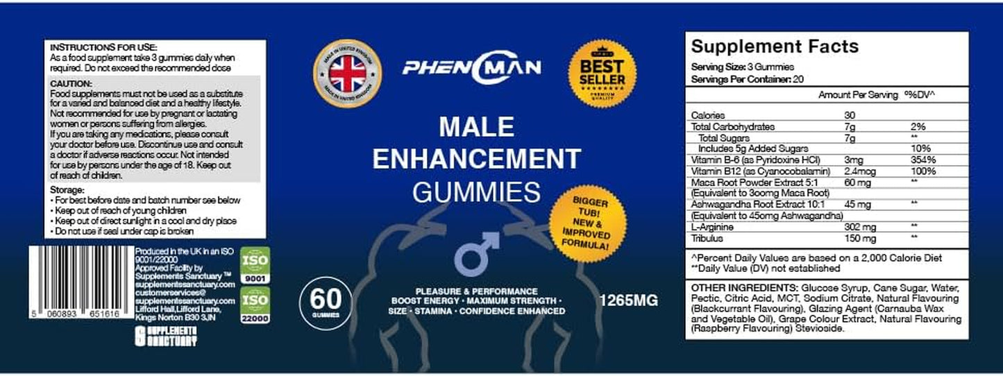 Phenoman Male Extreme Gummies, 1265Mg per Serving, with Maca, Vitamin B6, B12, Ashwagandha, L-Arginine, Tribulus Terrestris, 60 Gummies, Phenomenon Gummies