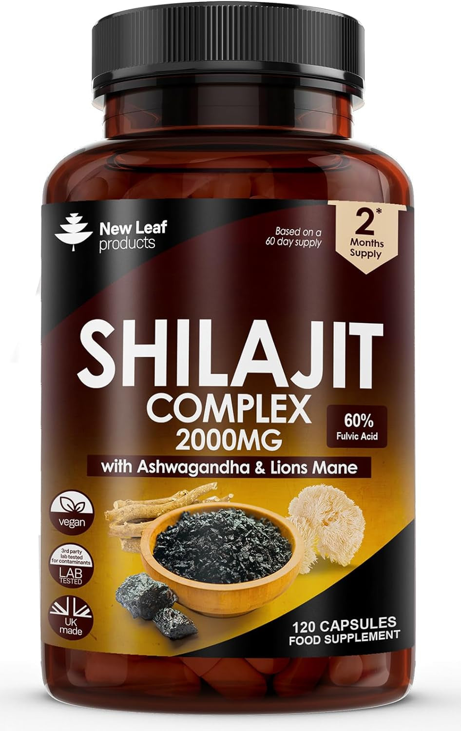 Shilajit Complex - Himilayan Shilajit Enriched with Ashwagandha & Lions Mane, High Strength 2000Mg Shilajit Complex Capsules with 60% Fulvic Acid - 2 Months Supply Made in the UK by New Leaf