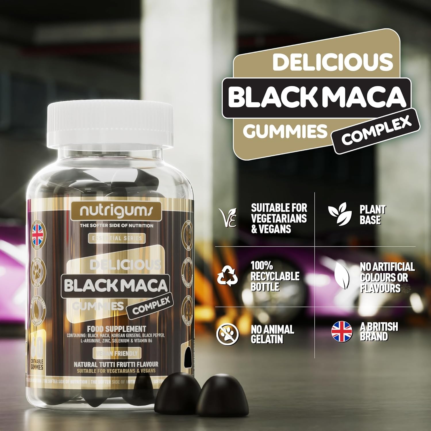 Maca Root 2000Mg Gummy | Tutti Frutti Flavour | 60 Vegan Gummies | Black Maca, Korean Ginseng, L-Arginine, Black Pepper, B6, Zinc & Selenium | High Strength | for Energy & Performance by NUTRIGUMS®