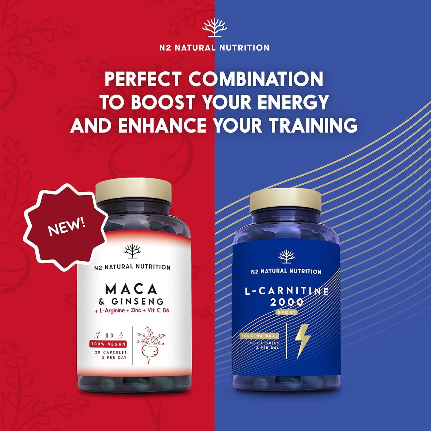 Maca Root + Ginseng + L Arginine. Triple Energy. Zinc + Vitamin C & B. Increases Sports Performance. Reduces Tiredness and Fatigue. Antioxidant. 120 Capsules. CE, Vegan. N2 Natural Nutrition