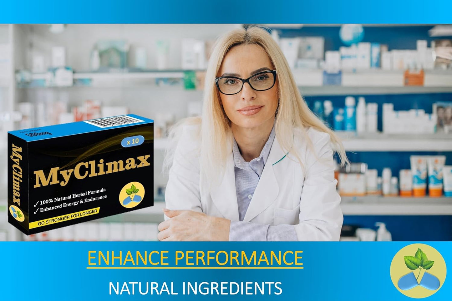 Myclimax - Herbal Energy Supplement for Men, Ginseng, Maximum Energy & Stamina: 500Mg - 10 Effective and Powerful Blue Capsules.